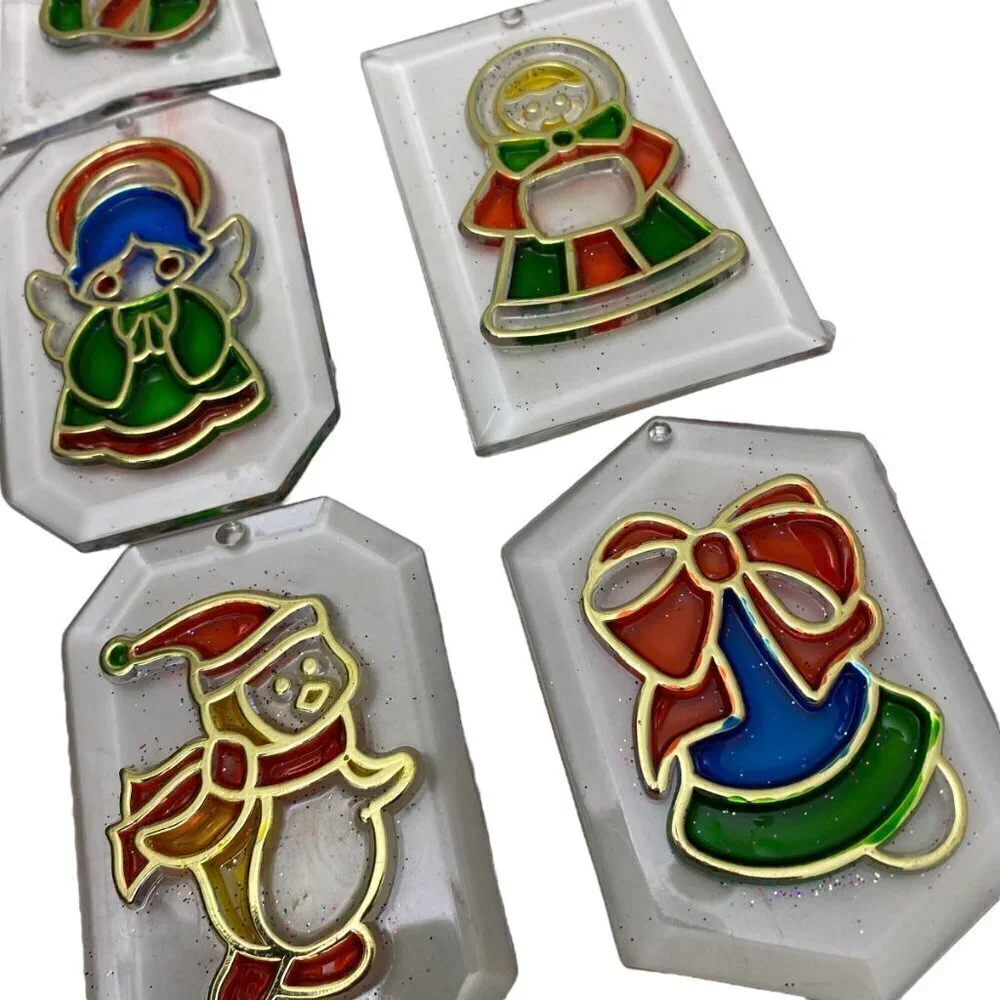 Vintage Christmas Ornaments Set of 9 Clear Plastic Retro Suncatchers